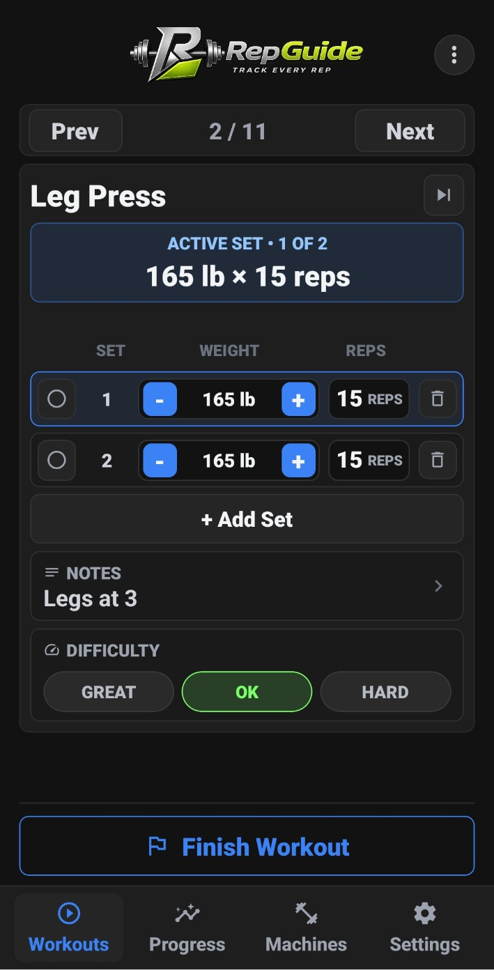 RepGuide focused workout screen