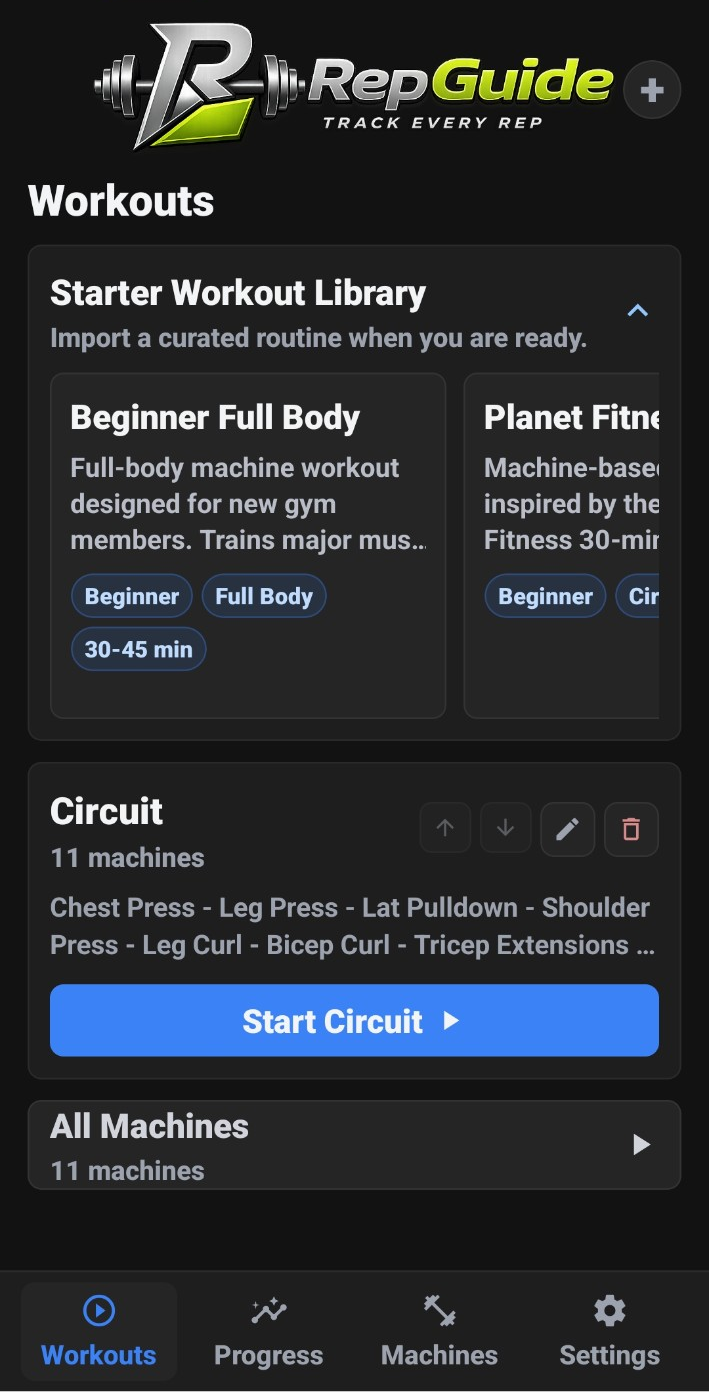 RepGuide workouts screen